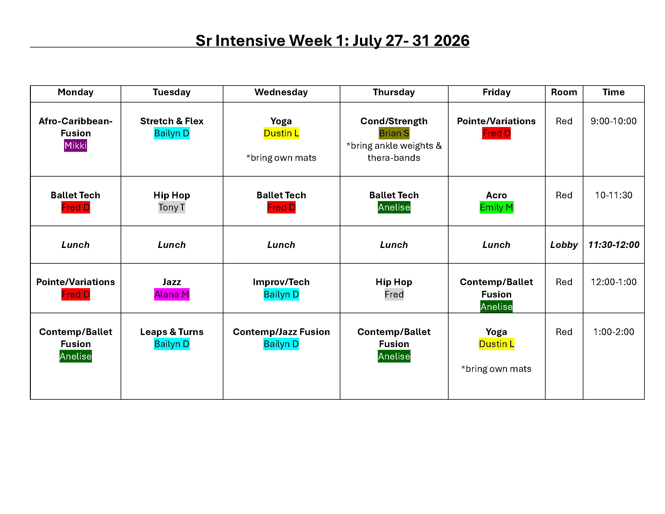 Summer Intensive Class Schedule