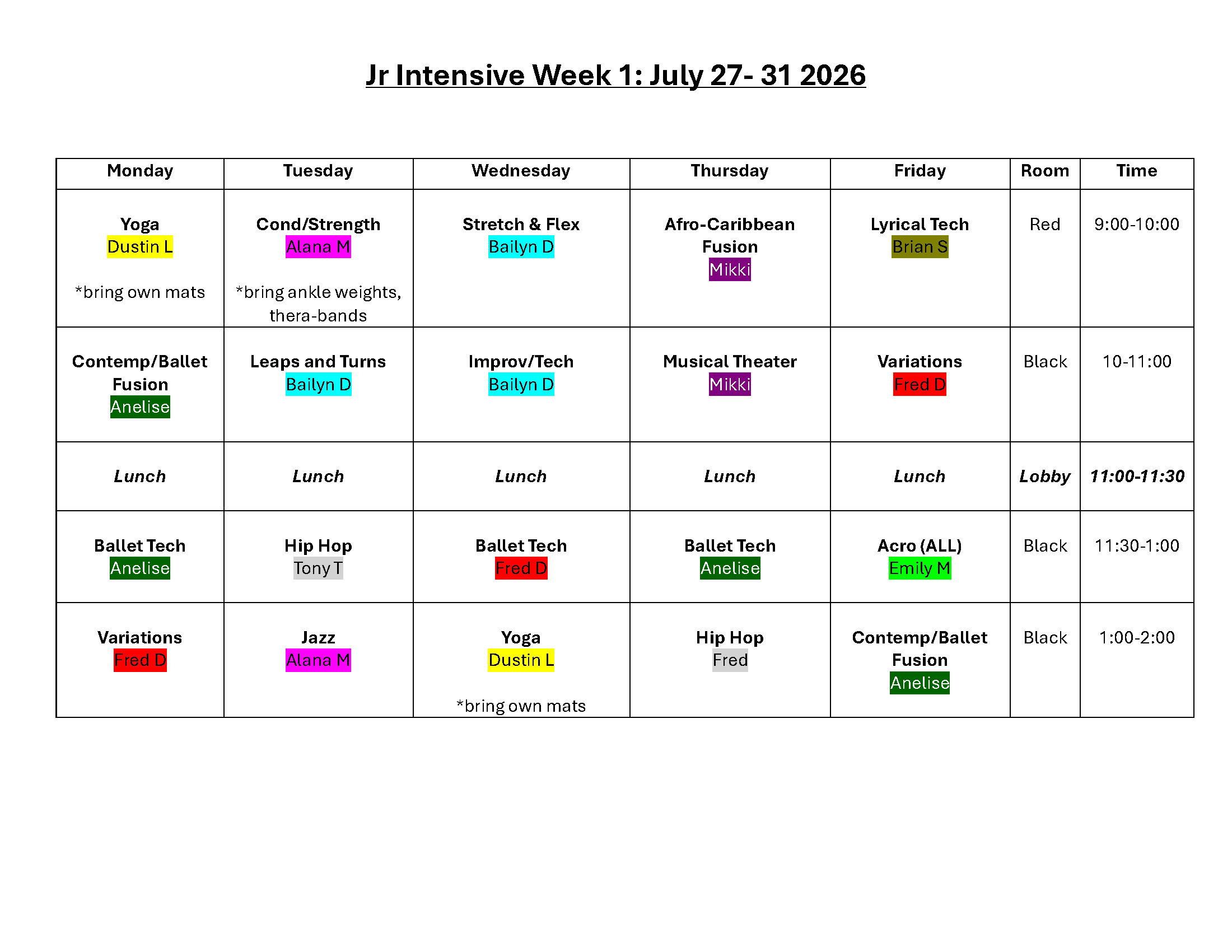 Summer Intensive Class Schedule