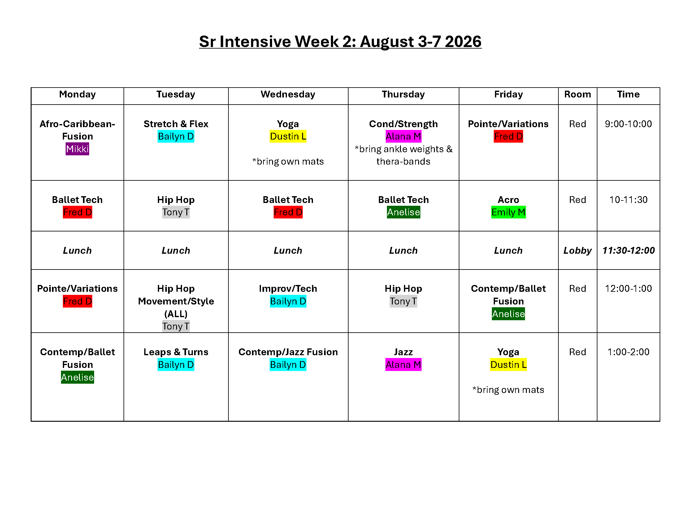 Summer Intensive Class Schedule