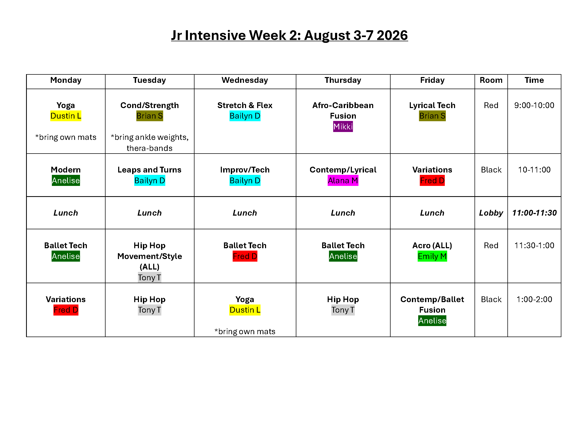 Summer Intensive Class Schedule